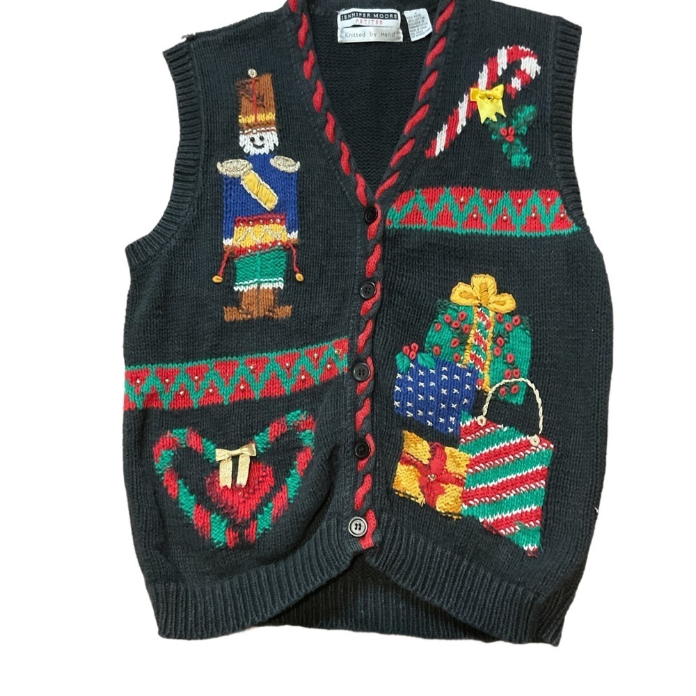 Jennifer Moore Black Knit Vest with Nutcracker Embroidery